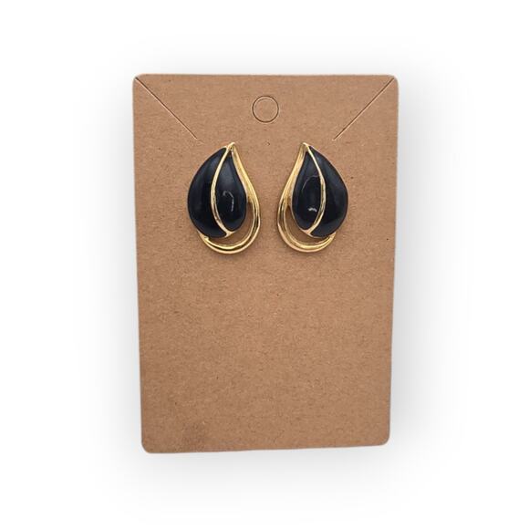 Navy & Gold Teardrop Vintage Earrings – Enamel Studs – Classic 80s/90s Style - Picture 7 of 9